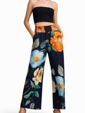 Mauve Anthropologie The Saria Smocked Waist Wide Leg Pants Sz Med MSRP $198